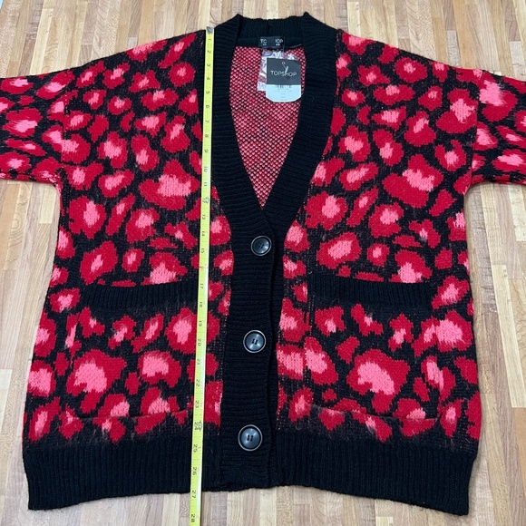 TopShop Oversized Knit Cardigan Sweater size 10 Pink Red Leopard Print NWT - Picture 6 of 7